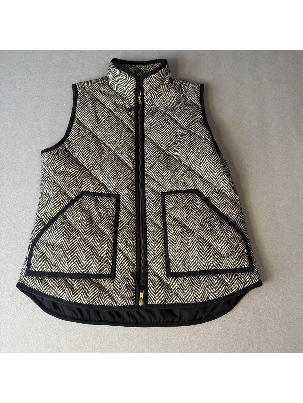 J Crew Vest Women's  Black Chevron Quilted Zip Puffer Goose Down Insulated